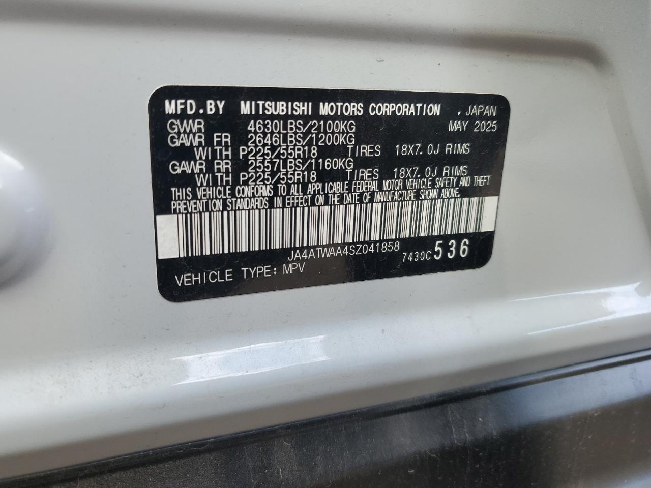 2025 Mitsubishi Eclipse Cross Se VIN: JA4ATWAA4SZ041858 Lot: 89727865