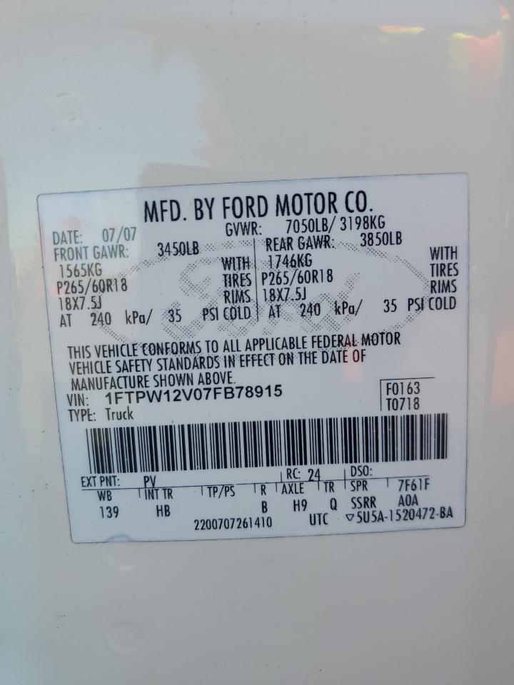 2007 Ford F150 Supercrew VIN: 1FTPW12V07FB78915 Lot: 86259285