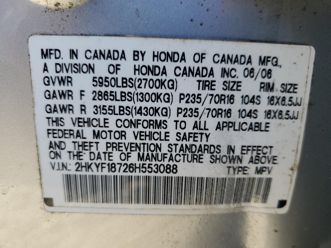 2006 Honda Pilot Ex VIN: 2HKYF18726H553088 Lot: 85085765