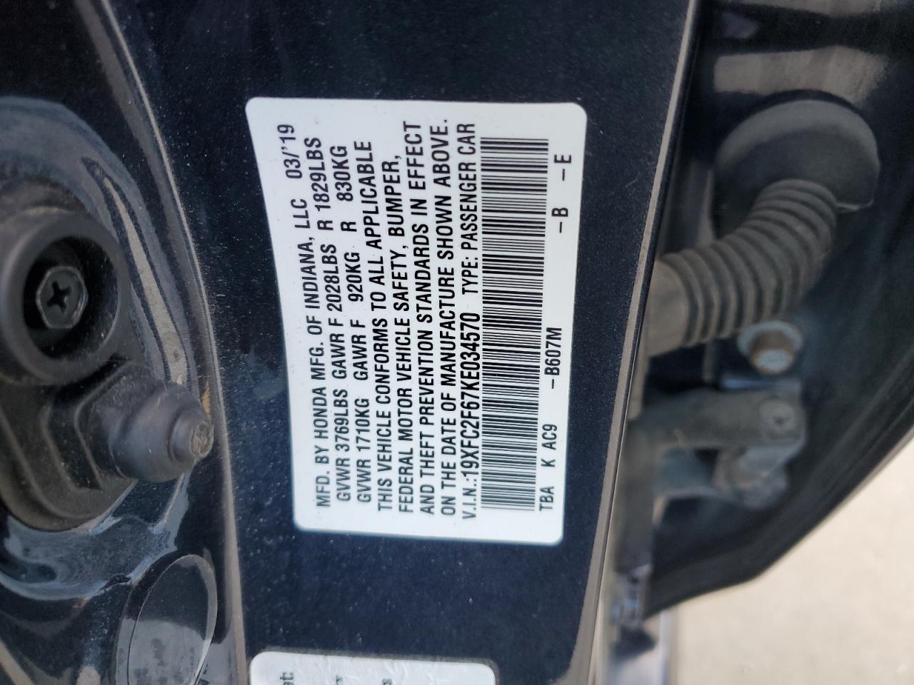 2019 Honda Civic Lx VIN: 19XFC2F67KE034570 Lot: 82299115