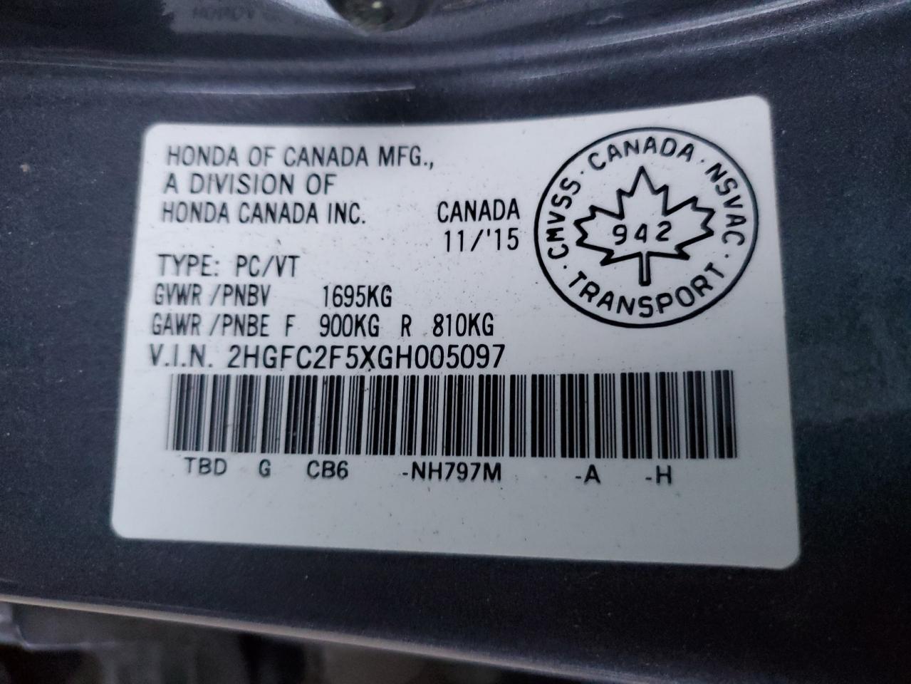 2016 Honda Civic Lx VIN: 2HGFC2F5XGH005097 Lot: 80324885