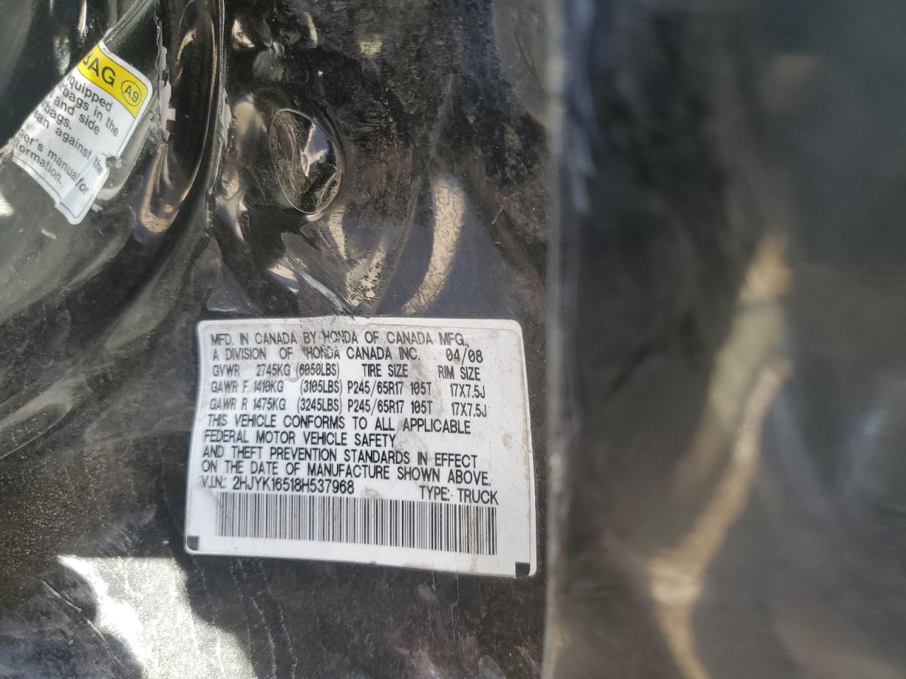 2008 Honda Ridgeline Rtl VIN: 2HJYK16518H537968 Lot: 85397375