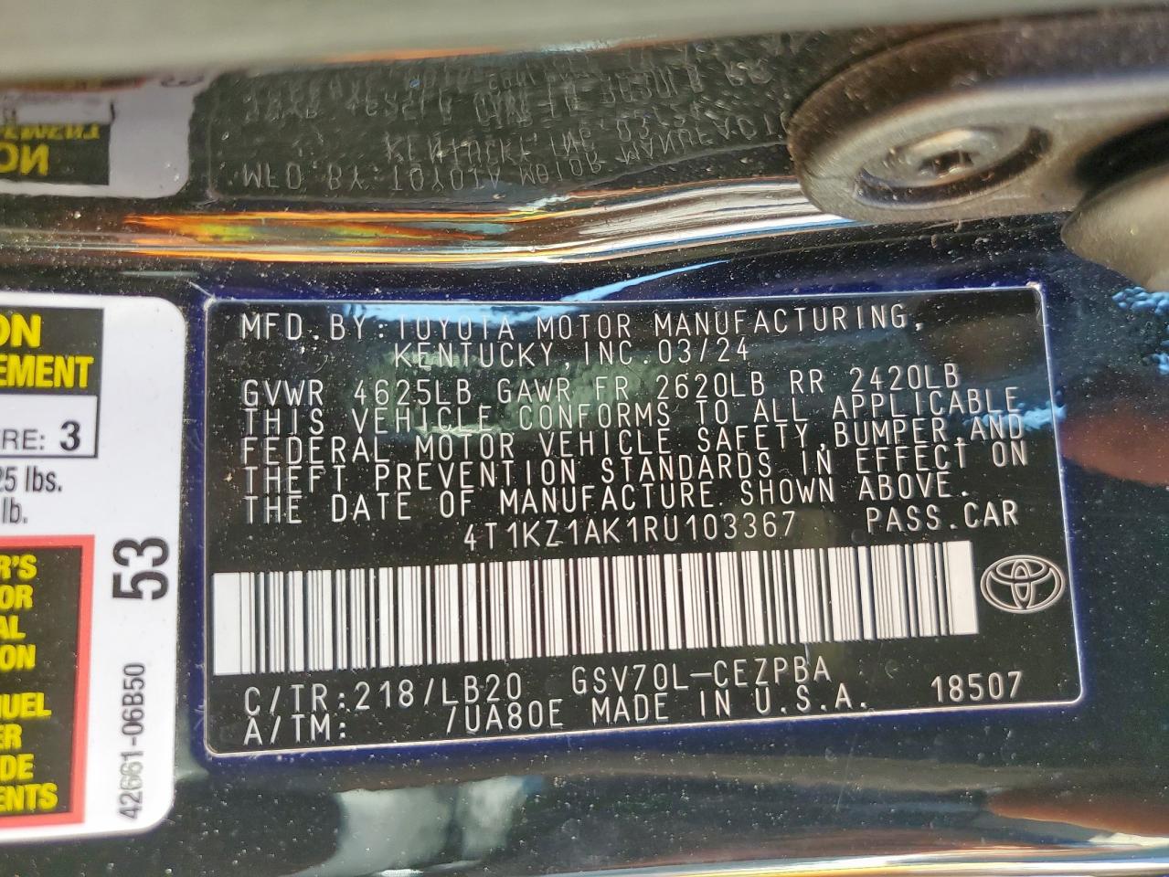 2024 Toyota Camry Trd VIN: 4T1KZ1AK1RU103367 Lot: 84986545