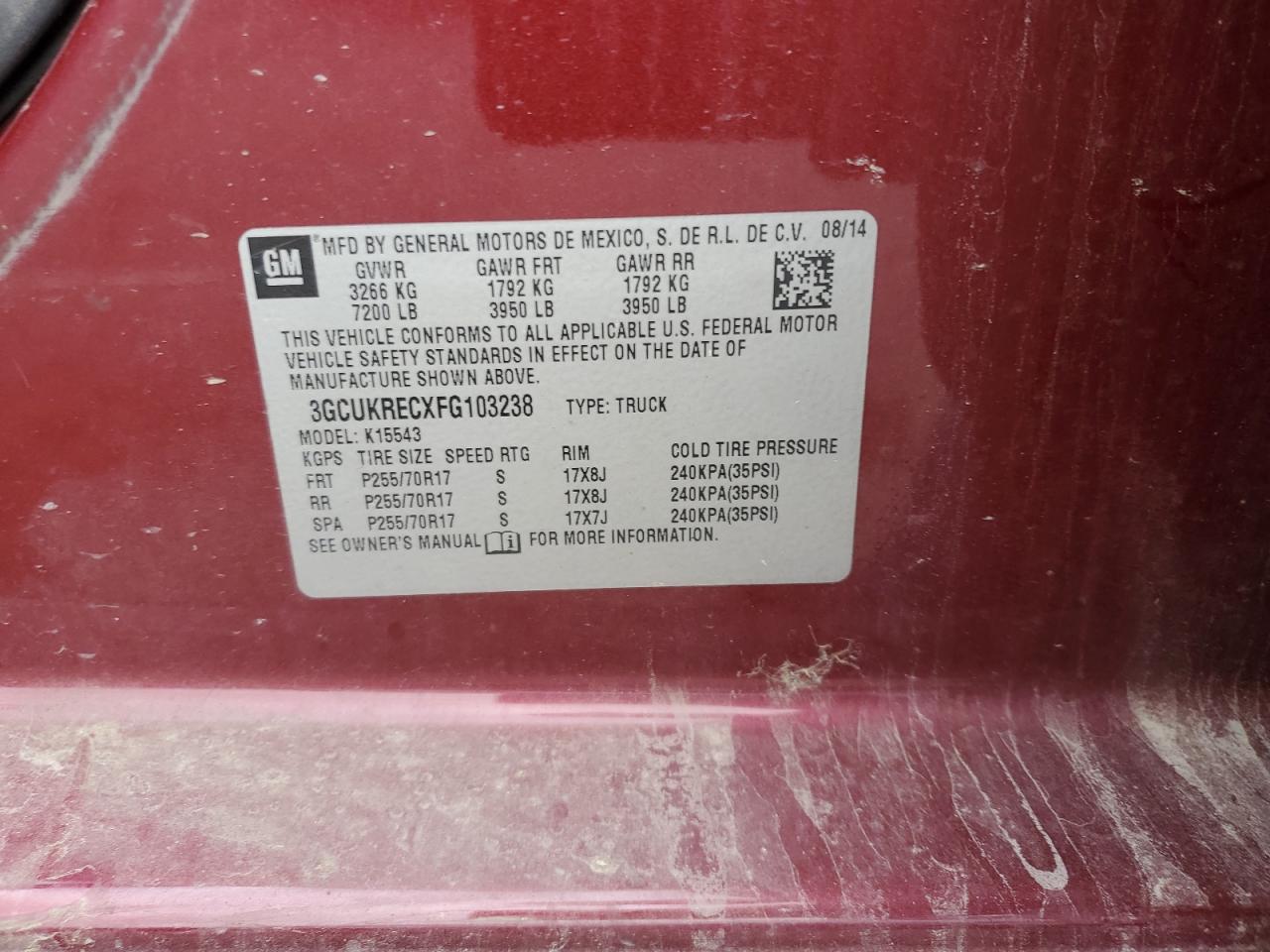 2015 Chevrolet Silverado K1500 Lt VIN: 3GCUKRECXFG103238 Lot: 82223325