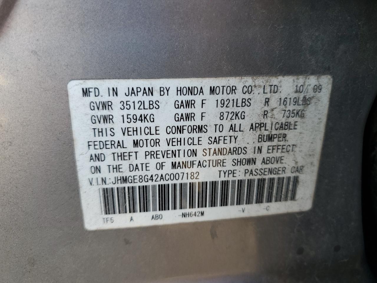 2010 Honda Fit Sport VIN: JHMGE8G42AC007182 Lot: 89854195