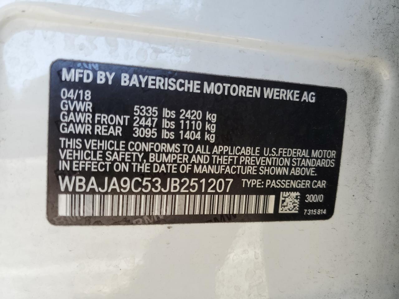 2018 BMW 530E VIN: WBAJA9C53JB251207 Lot: 82138955