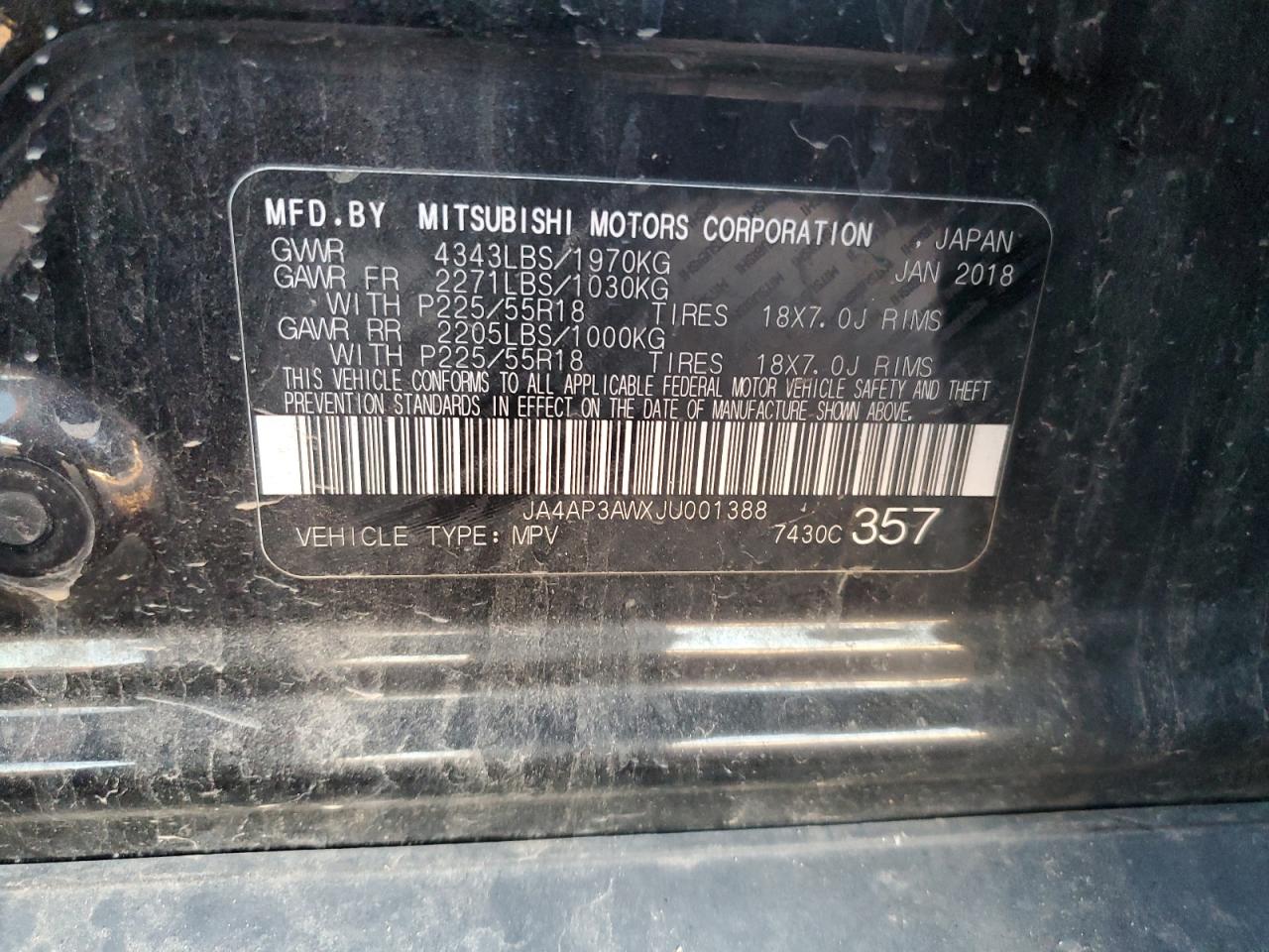 2018 Mitsubishi Outlander Sport Es VIN: JA4AP3AWXJU001388 Lot: 82625905
