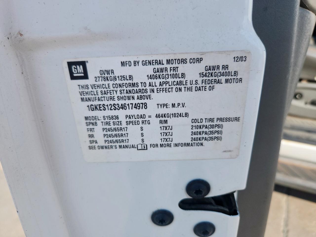 2004 GMC Envoy Xuv VIN: 1GKES12S346174978 Lot: 84789225