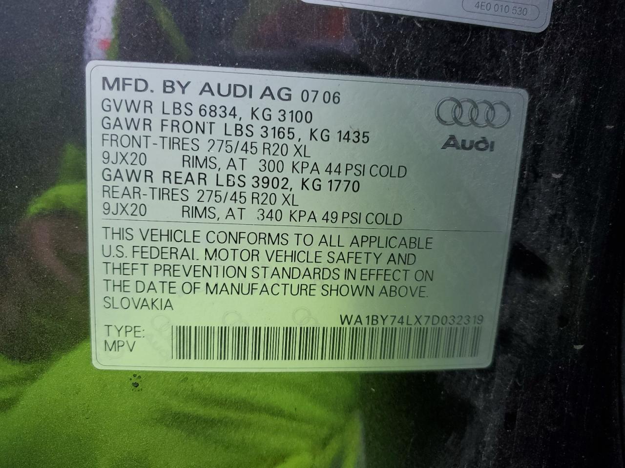 2007 Audi Q7 3.6 Quattro Premium VIN: WA1BY74LX7D032319 Lot: 82415345