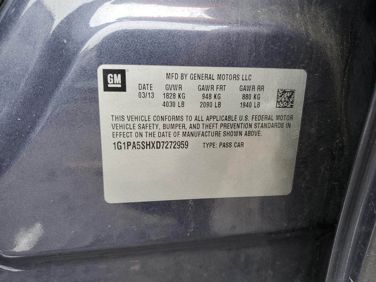 2013 Chevrolet Cruze Ls VIN: 1G1PA5SHXD7272959 Lot: 90342565