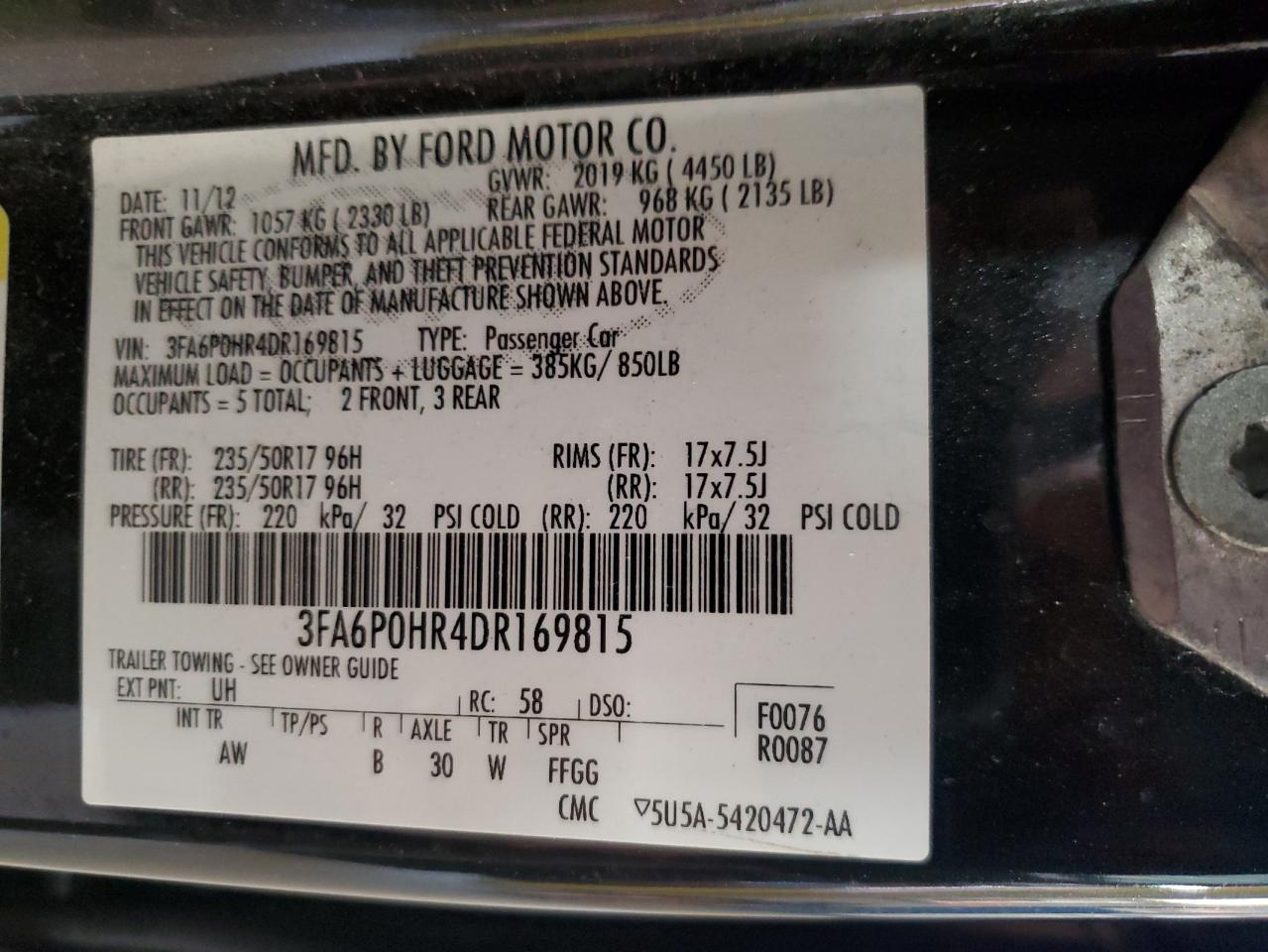 2013 Ford Fusion Se VIN: 3FA6P0HR4DR169815 Lot: 85581995