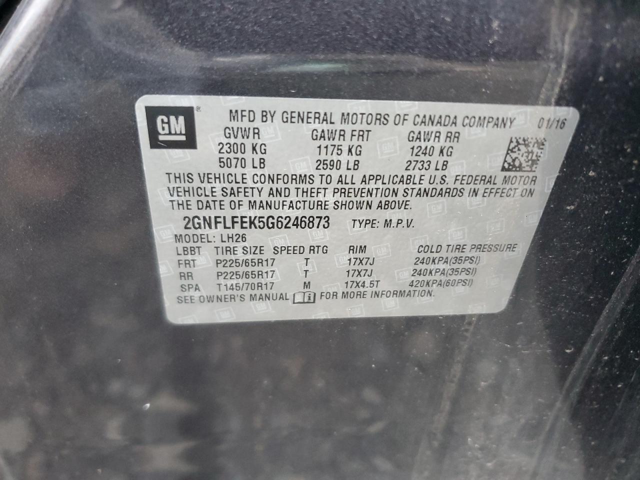 2016 Chevrolet Equinox Lt VIN: 2GNFLFEK5G6246873 Lot: 94629935