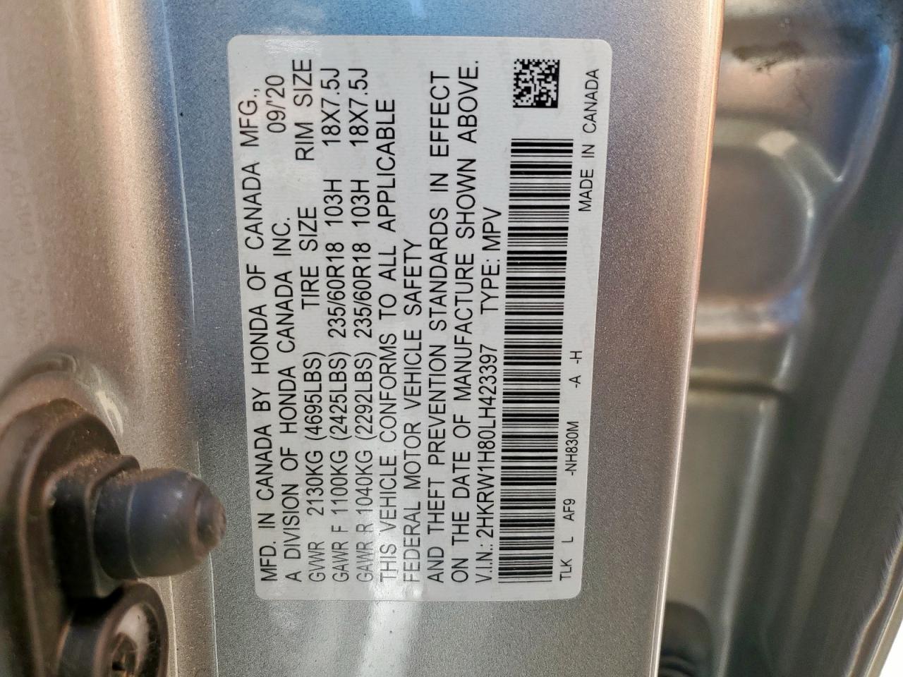 2020 Honda Cr-V Exl VIN: 2HKRW1H80LH423397 Lot: 90603905