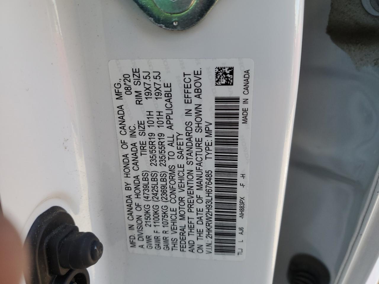 2020 Honda Cr-V Touring VIN: 2HKRW2H93LH676485 Lot: 87399165