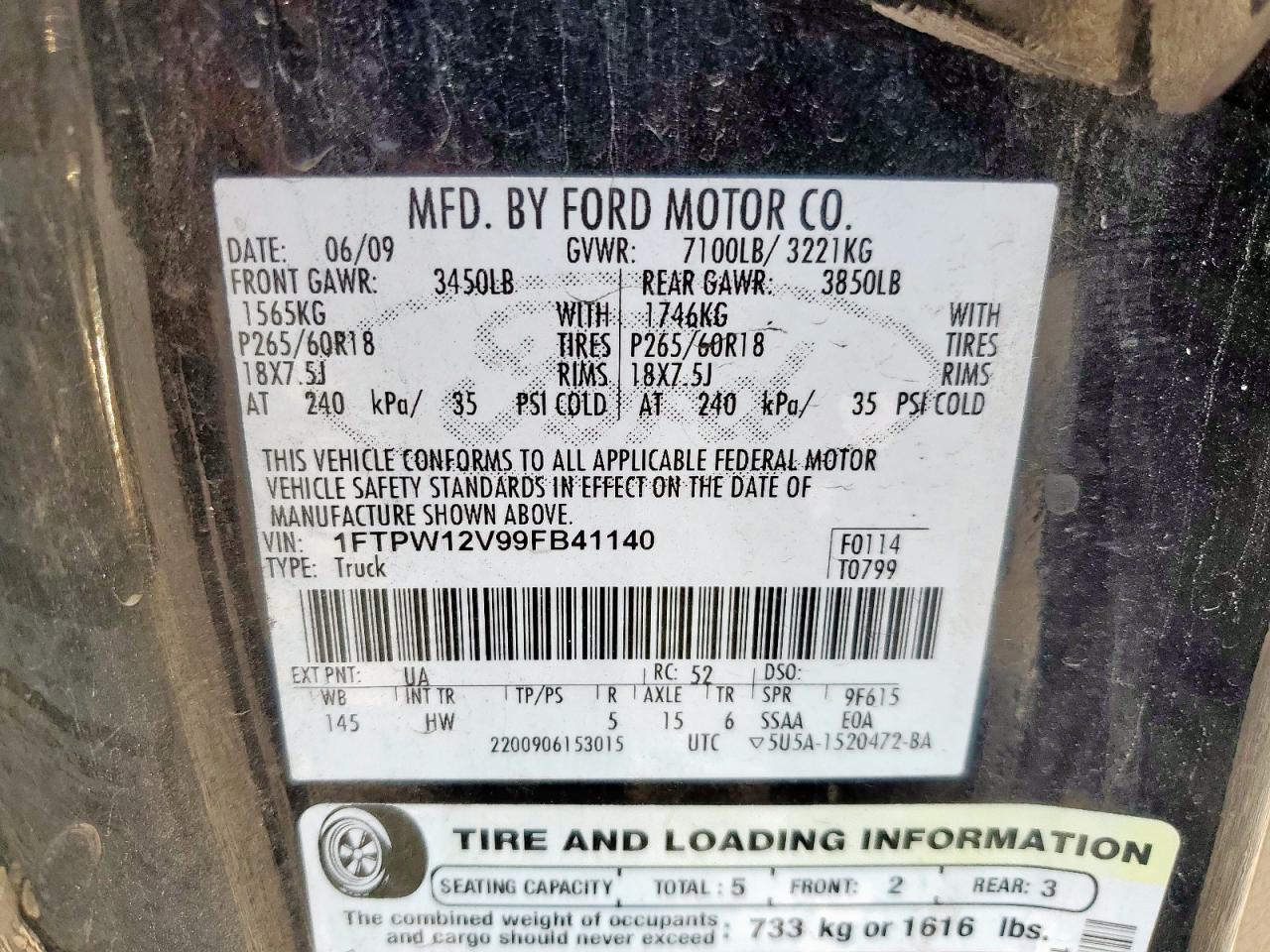 2009 Ford F150 Supercrew VIN: 1FTPW12V99FB41140 Lot: 84988965