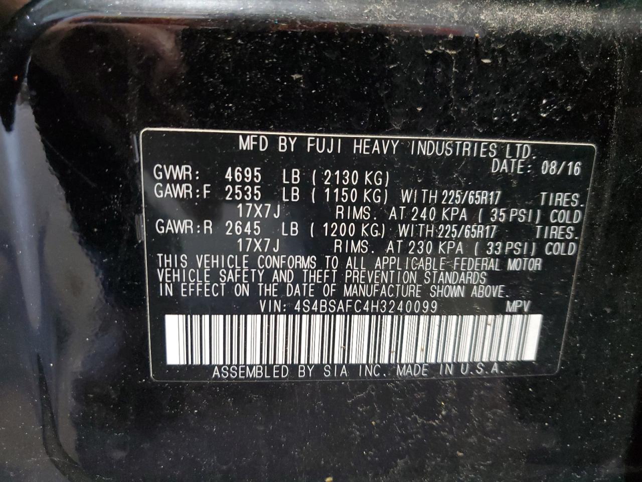 2017 Subaru Outback 2.5I Premium VIN: 4S4BSAFC4H3240099 Lot: 84302815