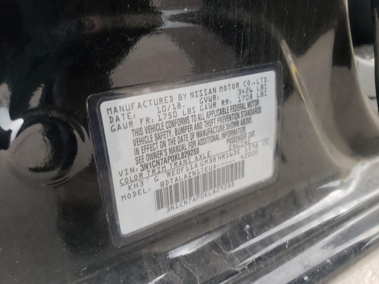 2019 Nissan Versa S VIN: 3N1CN7AP0KL829288 Lot: 85700875