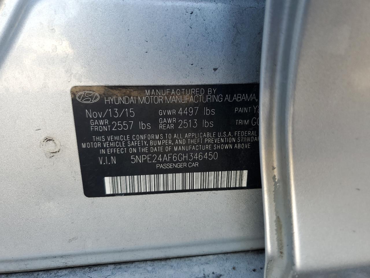 2016 Hyundai Sonata Se VIN: 5NPE24AF6GH346450 Lot: 85857055