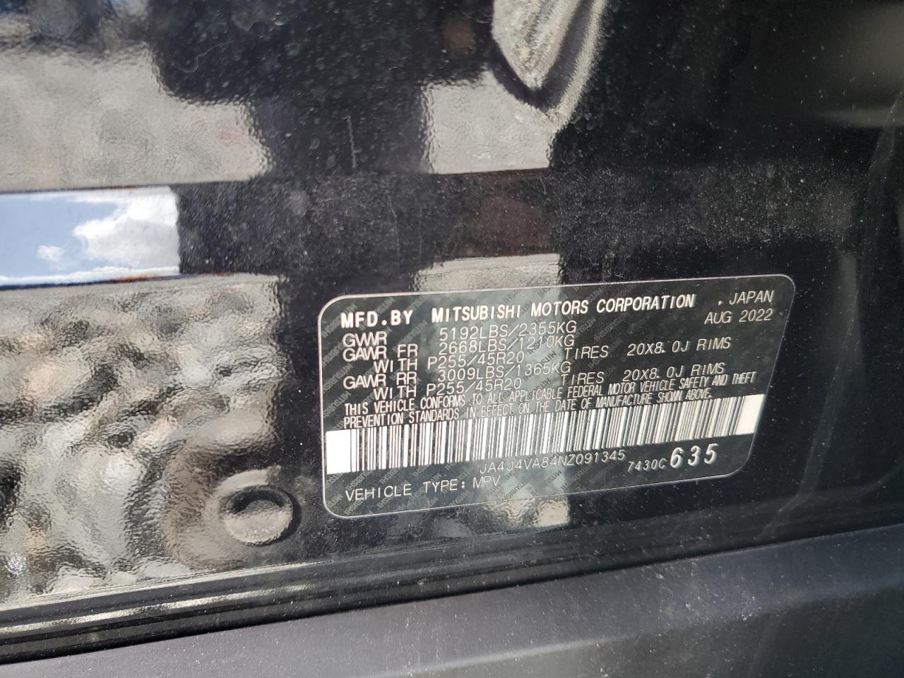 2022 Mitsubishi Outlander Sel VIN: JA4J4VA84NZ091345 Lot: 82365245