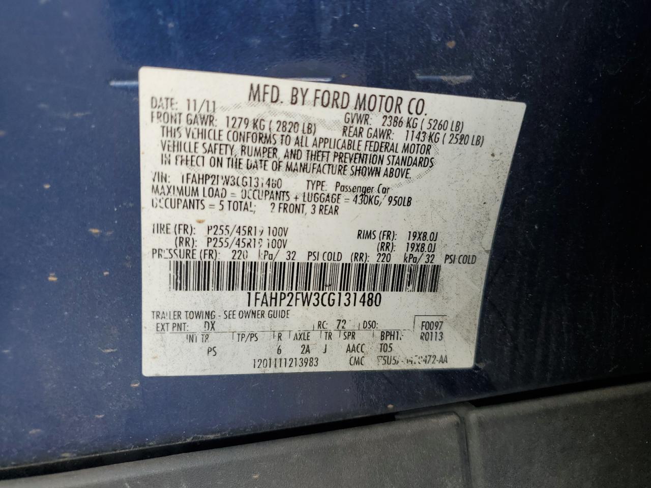 2012 Ford Taurus Limited VIN: 1FAHP2FW3CG131480 Lot: 85733555