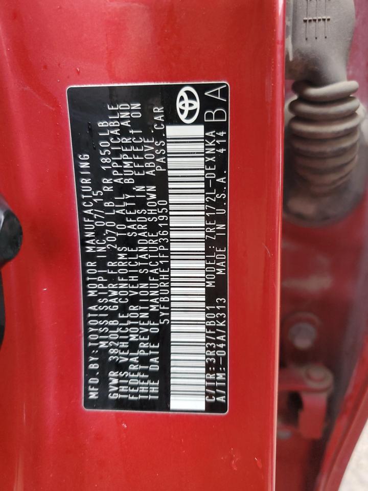 2015 Toyota Corolla L VIN: 5YFBURHE1FP361950 Lot: 82236115