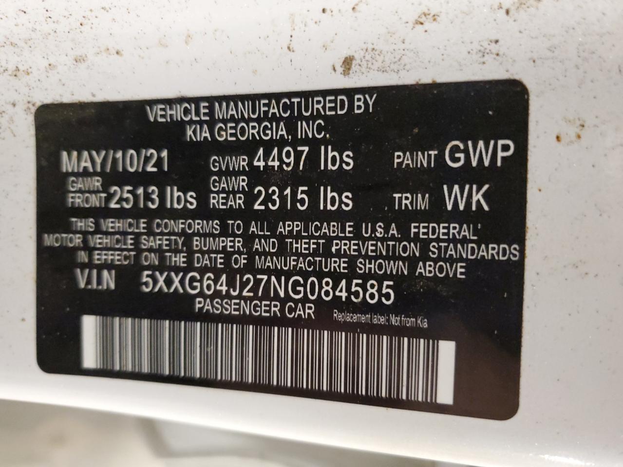 2022 Kia K5 Gt Line VIN: 5XXG64J27NG084585 Lot: 89643025