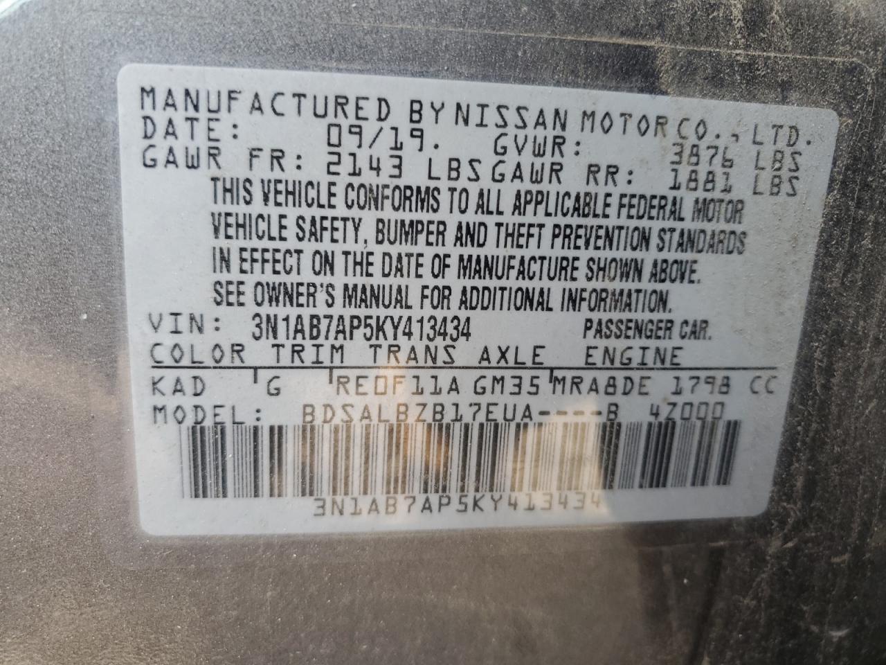 2019 Nissan Sentra S VIN: 3N1AB7AP5KY413434 Lot: 84904565