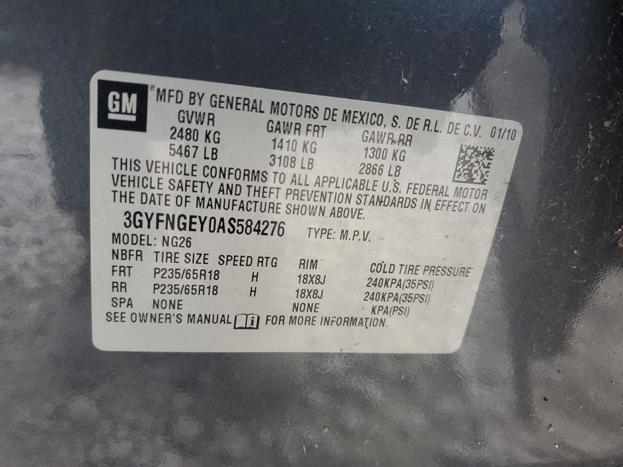 2010 Cadillac Srx VIN: 3GYFNGEY0AS584276 Lot: 84962655