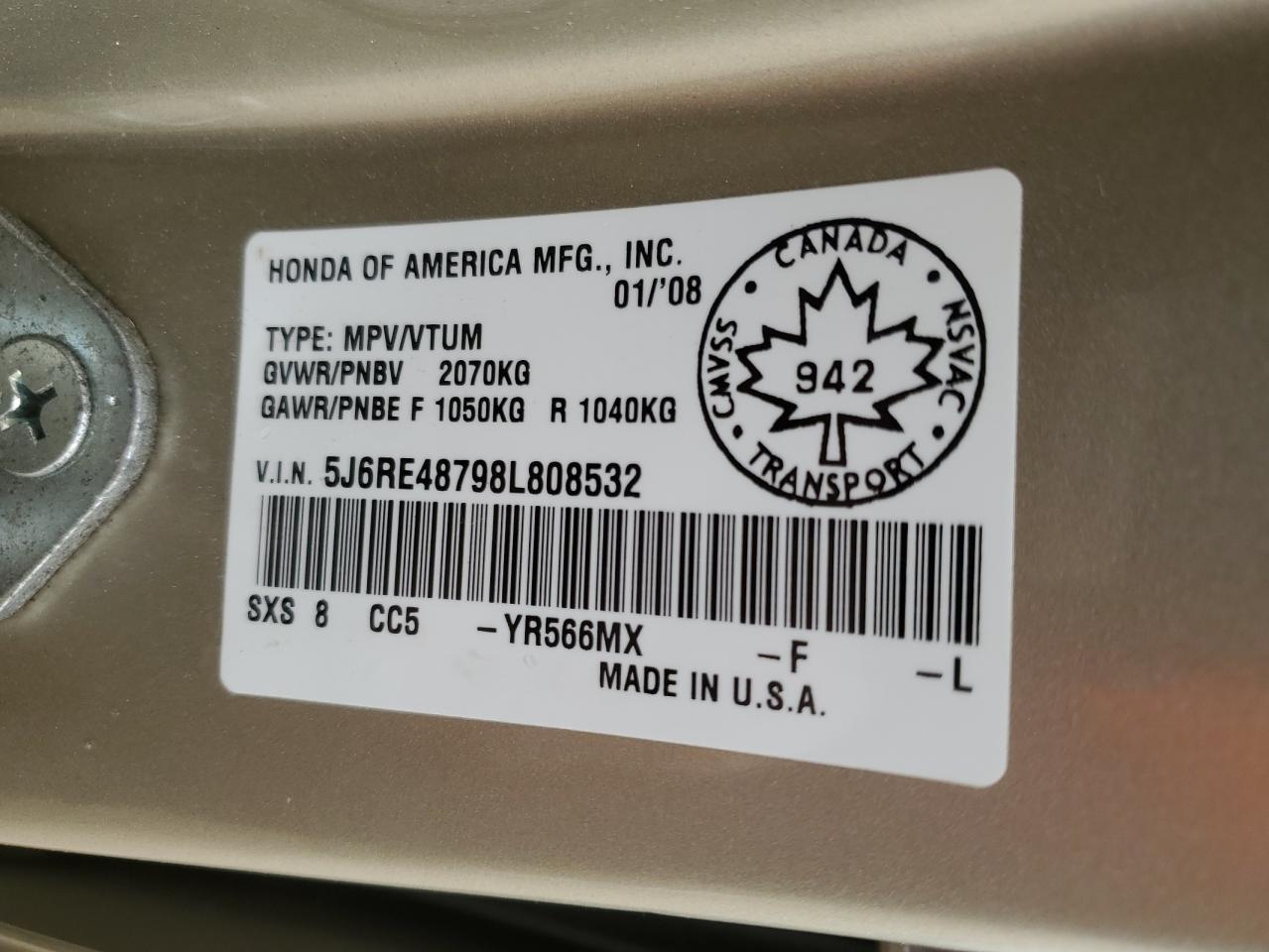 2008 Honda Cr-V Exl VIN: 5J6RE48798L808532 Lot: 85291045