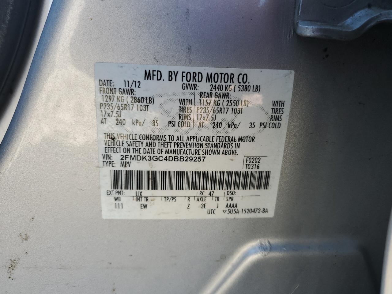 2013 Ford Edge Se VIN: 2FMDK3GC4DBB29257 Lot: 86060885