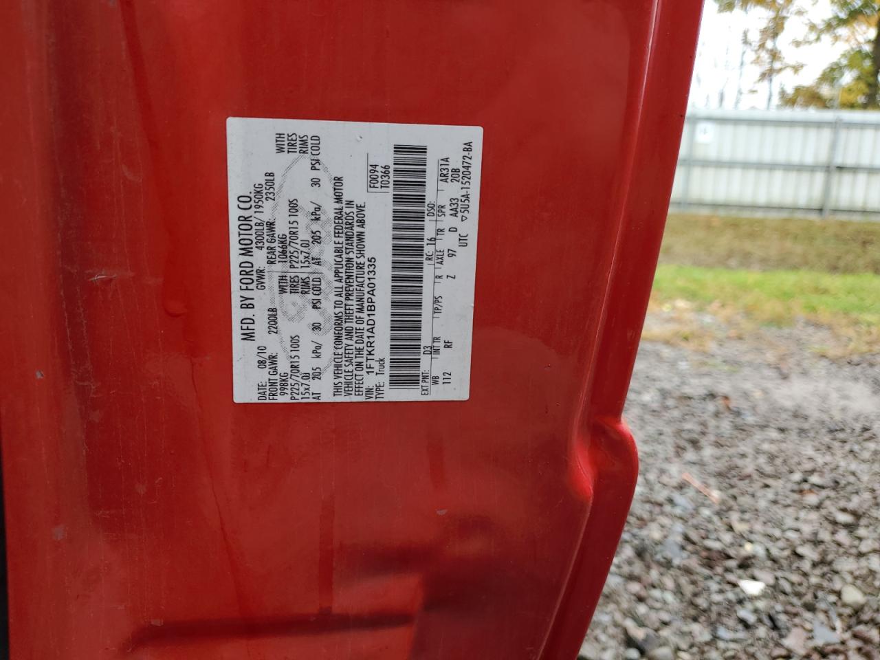 2011 Ford Ranger VIN: 1FTKR1AD1BPA01335 Lot: 86434945