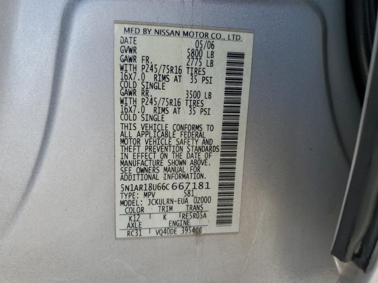 2006 Nissan Pathfinder Le VIN: 5N1AR18U66C667181 Lot: 85523935