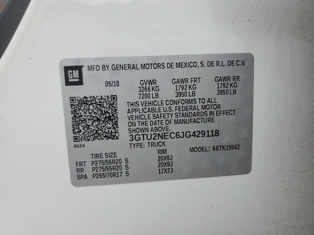 2018 GMC Sierra K1500 Slt VIN: 3GTU2NEC6JG429118 Lot: 85361715