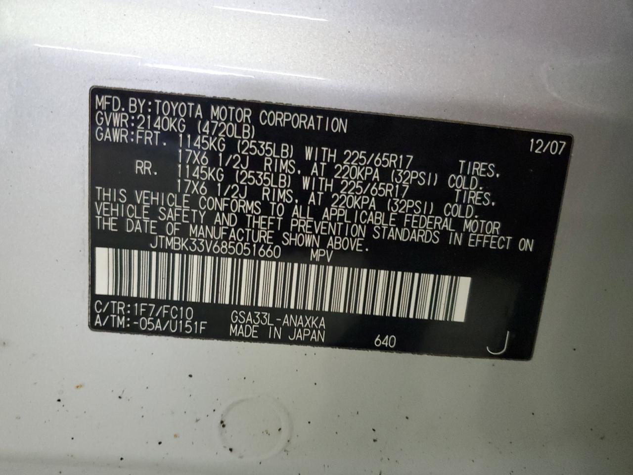 2008 Toyota Rav4 VIN: JTMBK33V685051660 Lot: 90440545