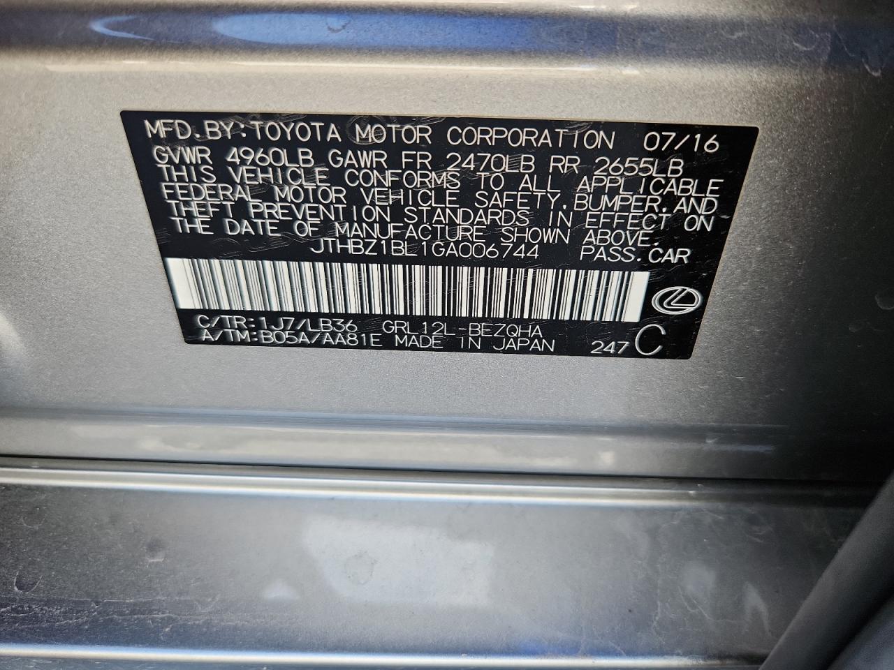 2016 Lexus Gs 350 Base VIN: JTHBZ1BL1GA006744 Lot: 86536925