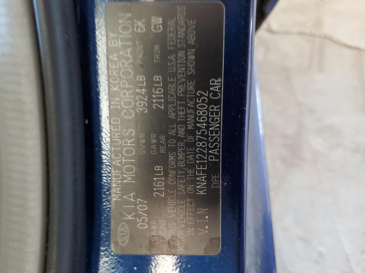 2007 Kia Spectra Ex VIN: KNAFE122875468052 Lot: 81723085