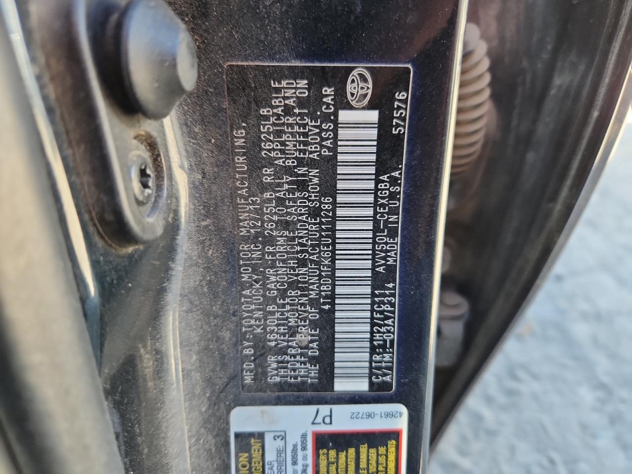 2014 Toyota Camry Hybrid VIN: 4T1BD1FK6EU111286 Lot: 87032585