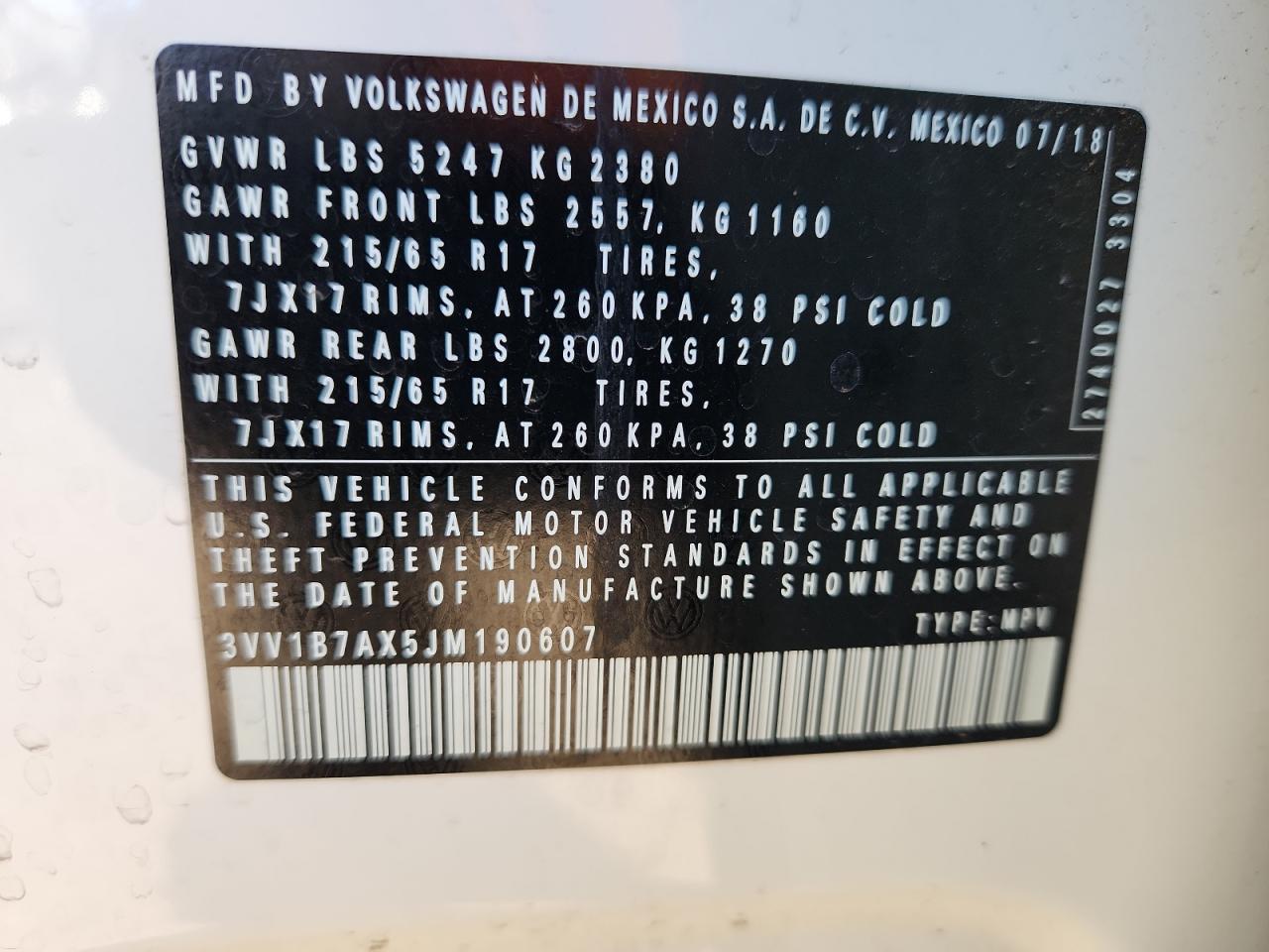 2018 Volkswagen Tiguan S VIN: 3VV1B7AX5JM190607 Lot: 85410295