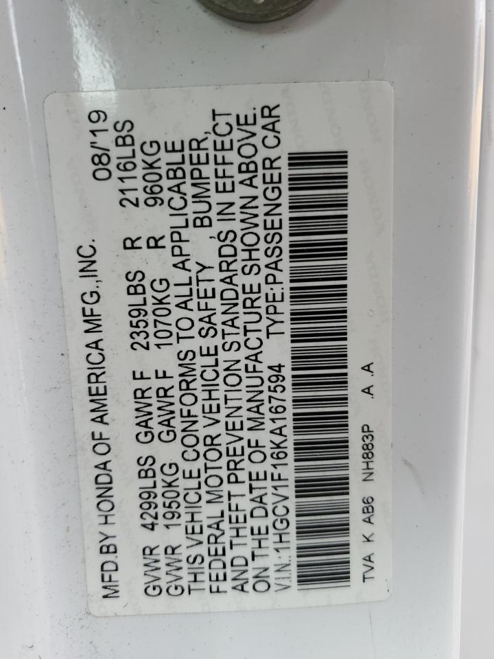 2019 Honda Accord Lx VIN: 1HGCV1F16KA167594 Lot: 84807485