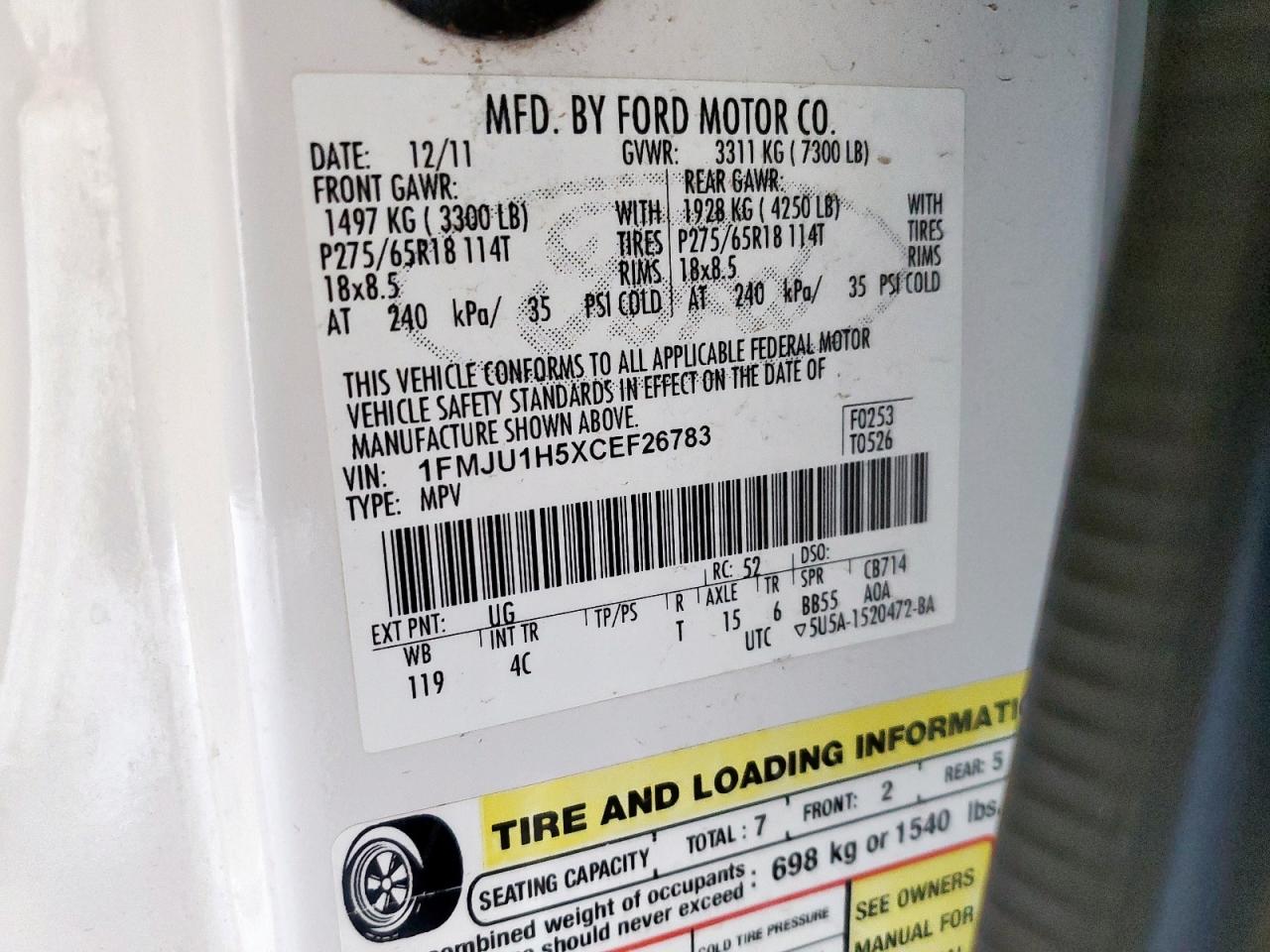 2012 Ford Expedition Xlt VIN: 1FMJU1H5XCEF26783 Lot: 91082235