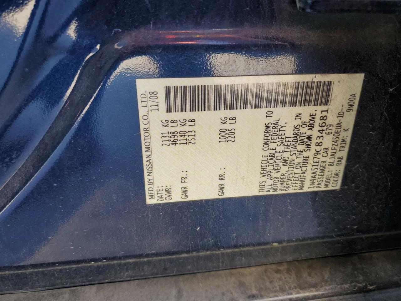 2009 Nissan Maxima S VIN: 1N4AA51E79C834681 Lot: 89820145