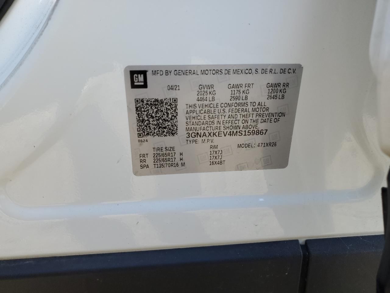 2021 Chevrolet Equinox Lt VIN: 3GNAXKEV4MS159867 Lot: 84920155