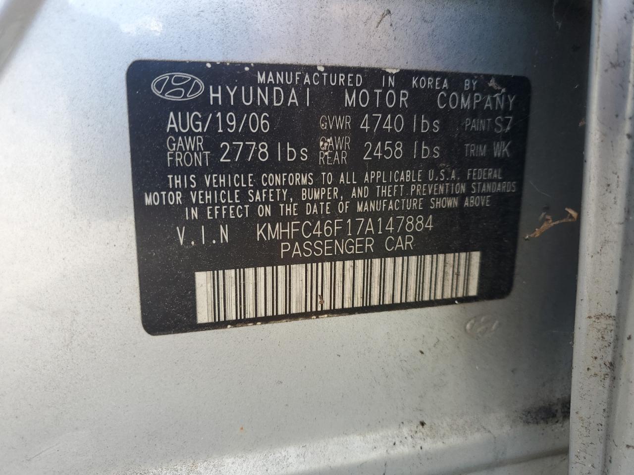 2007 Hyundai Azera Se VIN: KMHFC46F17A147884 Lot: 85074235