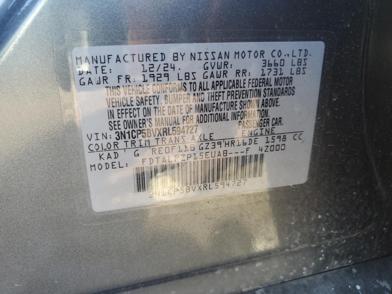 2024 Nissan Kicks S VIN: 3N1CP5BVXRL594727 Lot: 85506875