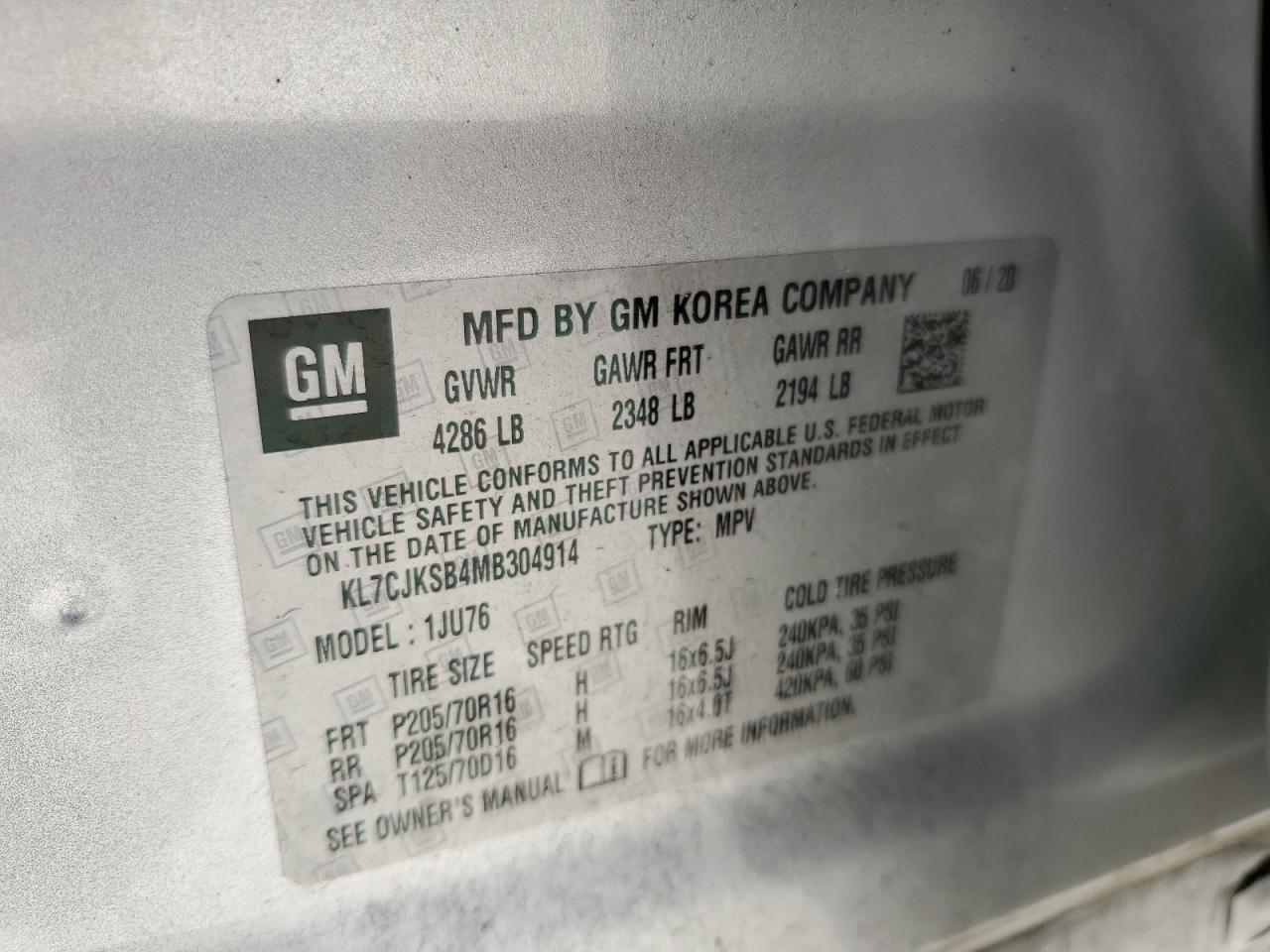 2021 Chevrolet Trax Ls VIN: KL7CJKSB4MB304914 Lot: 84404135