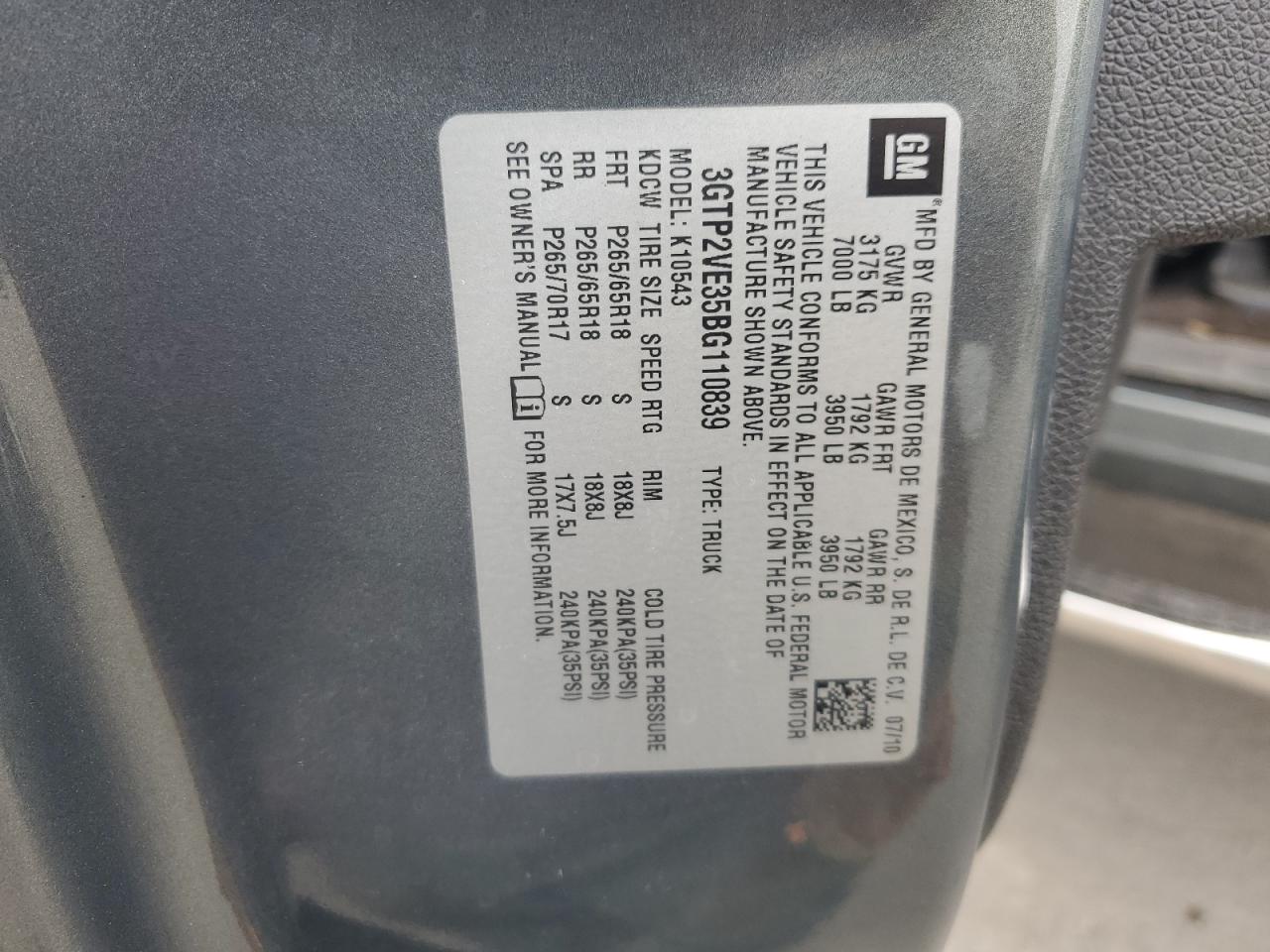 2011 GMC Sierra K1500 Sle VIN: 3GTP2VE35BG110839 Lot: 86152505