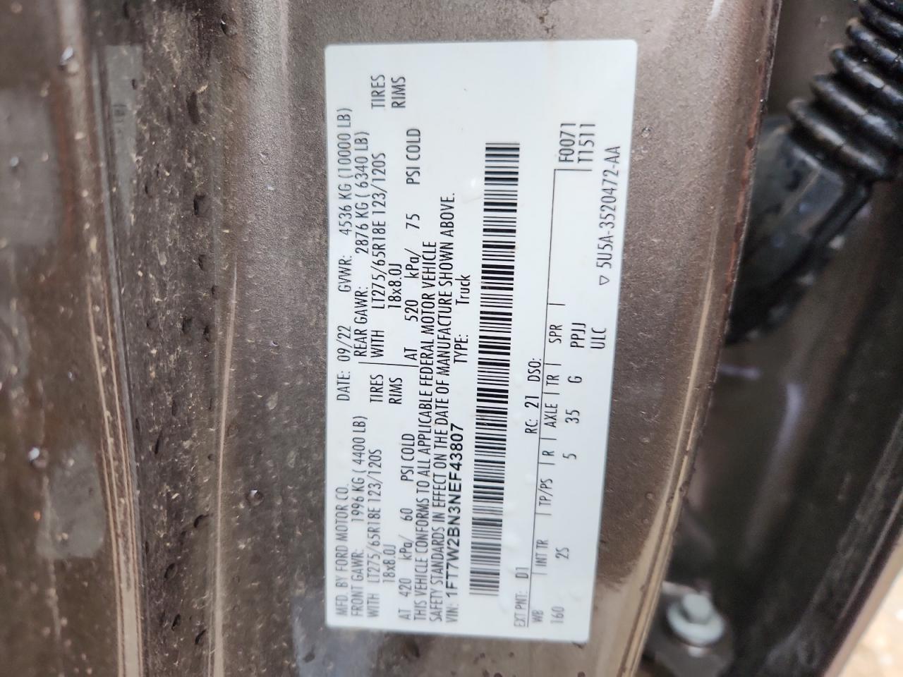 2022 Ford F250 Super Duty VIN: 1FT7W2BN3NEF43807 Lot: 89882735