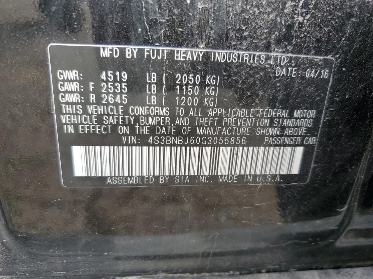 2016 Subaru Legacy 2.5I Limited VIN: 4S3BNBJ60G3055856 Lot: 86245155