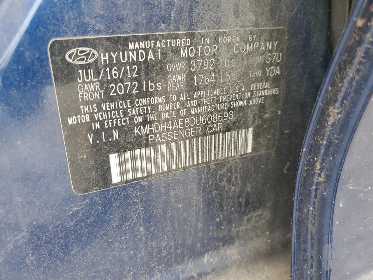 2013 Hyundai Elantra Gls VIN: KMHDH4AE8DU608693 Lot: 81942325