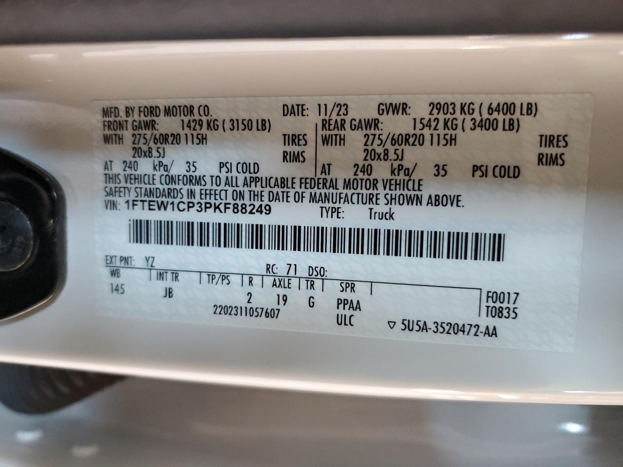 2023 Ford F150 Supercrew VIN: 1FTEW1CP3PKF88249 Lot: 86671045